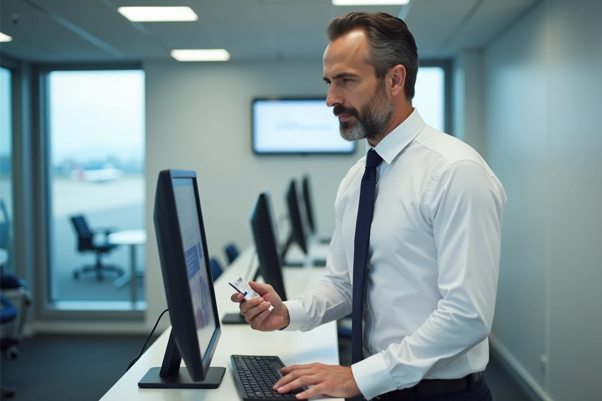 Agent Air France accédant au portail GPnet sur un terminal informatique dans un couloir d'aéroport