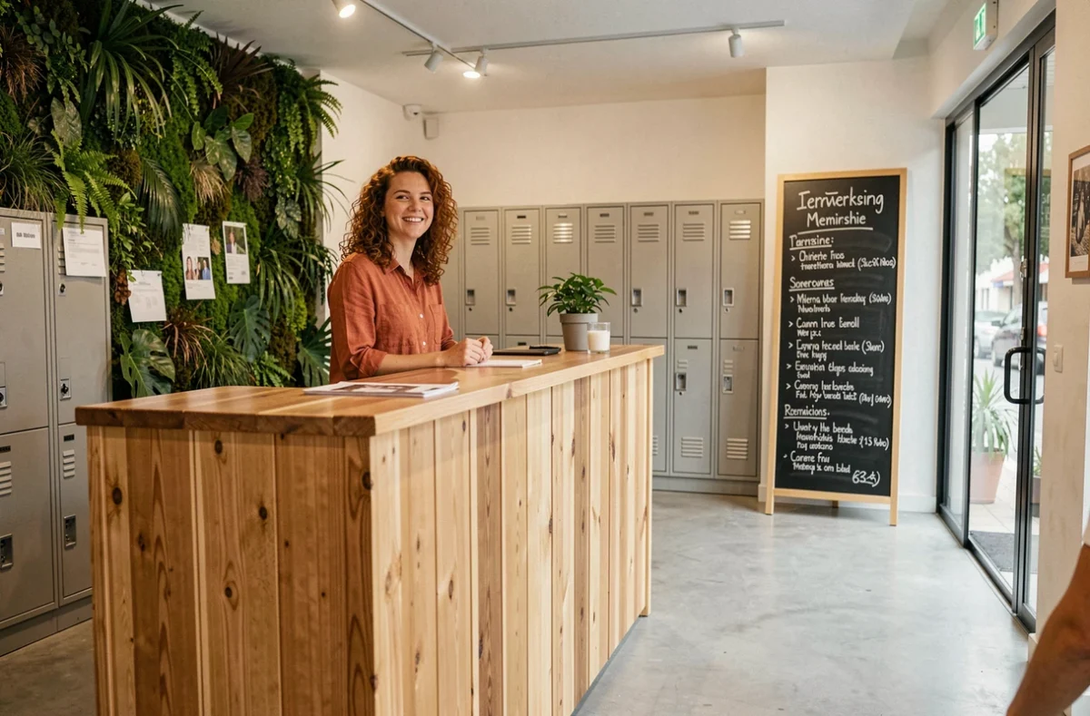 Accueil chaleureux dans un espace de coworking à La Rochelle avec mur végétal et comptoir en bois