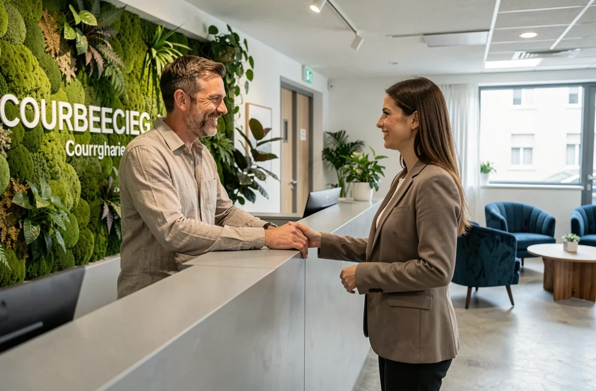 Accueil professionnel et espace lounge d'un espace de coworking à Courbevoie