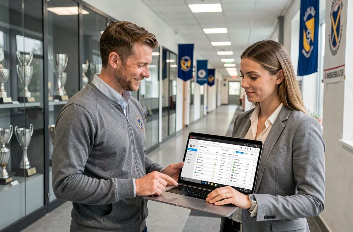 Deux administrateurs sportifs consultent ensemble un extranet de gestion des officiels et des calendriers dans un couloir de complexe sportif