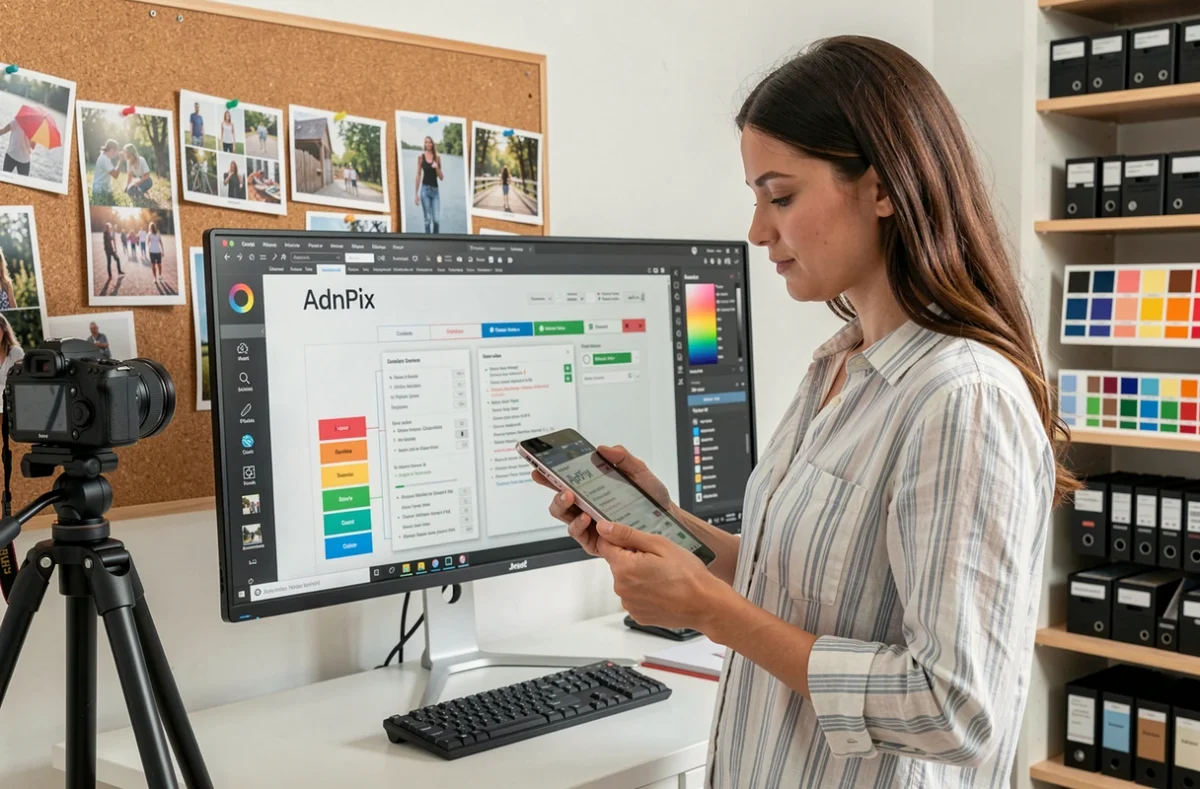 AdnPix agence digitale : productrice de contenu visuel examinant une stratégie de référencement et d'images dans un studio créatif