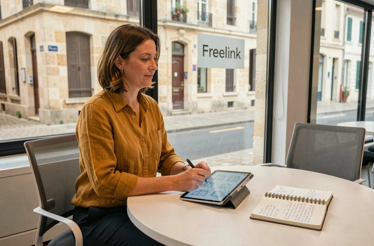 Consultante de l'agence Freelink travaillant sur des maquettes de site web dans un espace ouvert avec vue sur une rue charentaise
