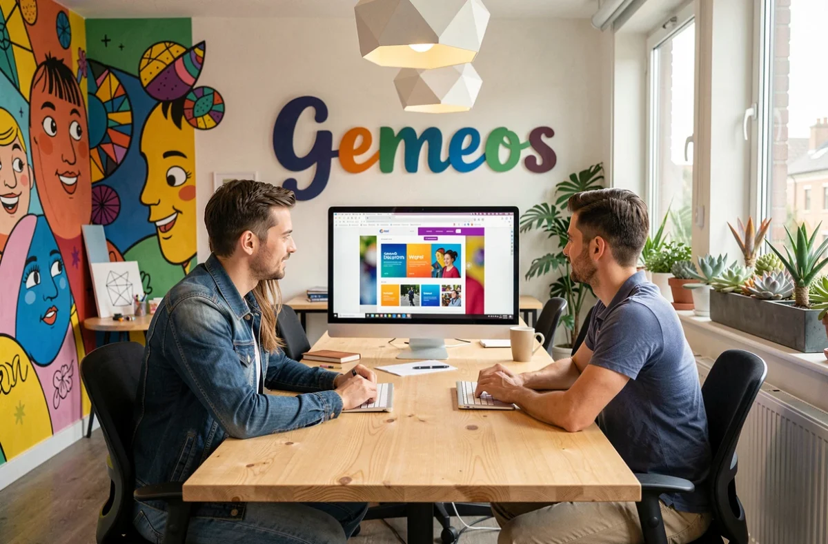 Équipe de Gemeos Agency collaborant sur la conception d'un site web dans un studio créatif aux murs illustrés et à l'ambiance colorée