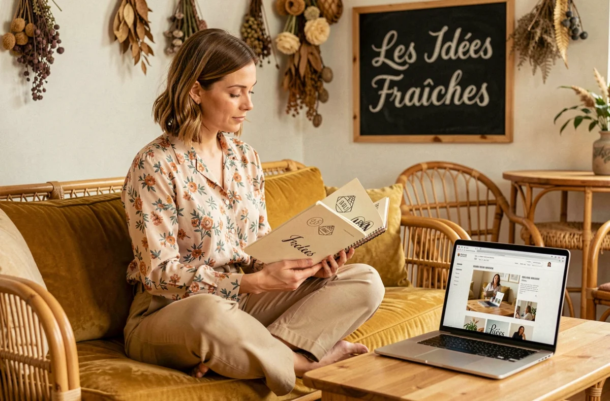 Créatrice de l'agence Les Idées Fraîches esquissant des concepts créatifs dans un studio chaleureux et botanique à l'esthétique naturelle
