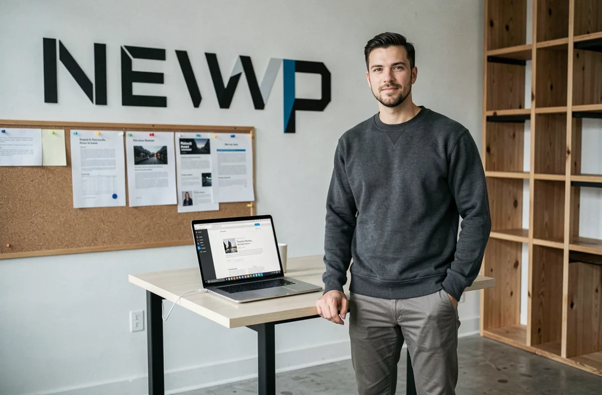 Développeur web de l'agence NEWP présentant un projet de site internet sur ordinateur portable dans un bureau au style minimaliste