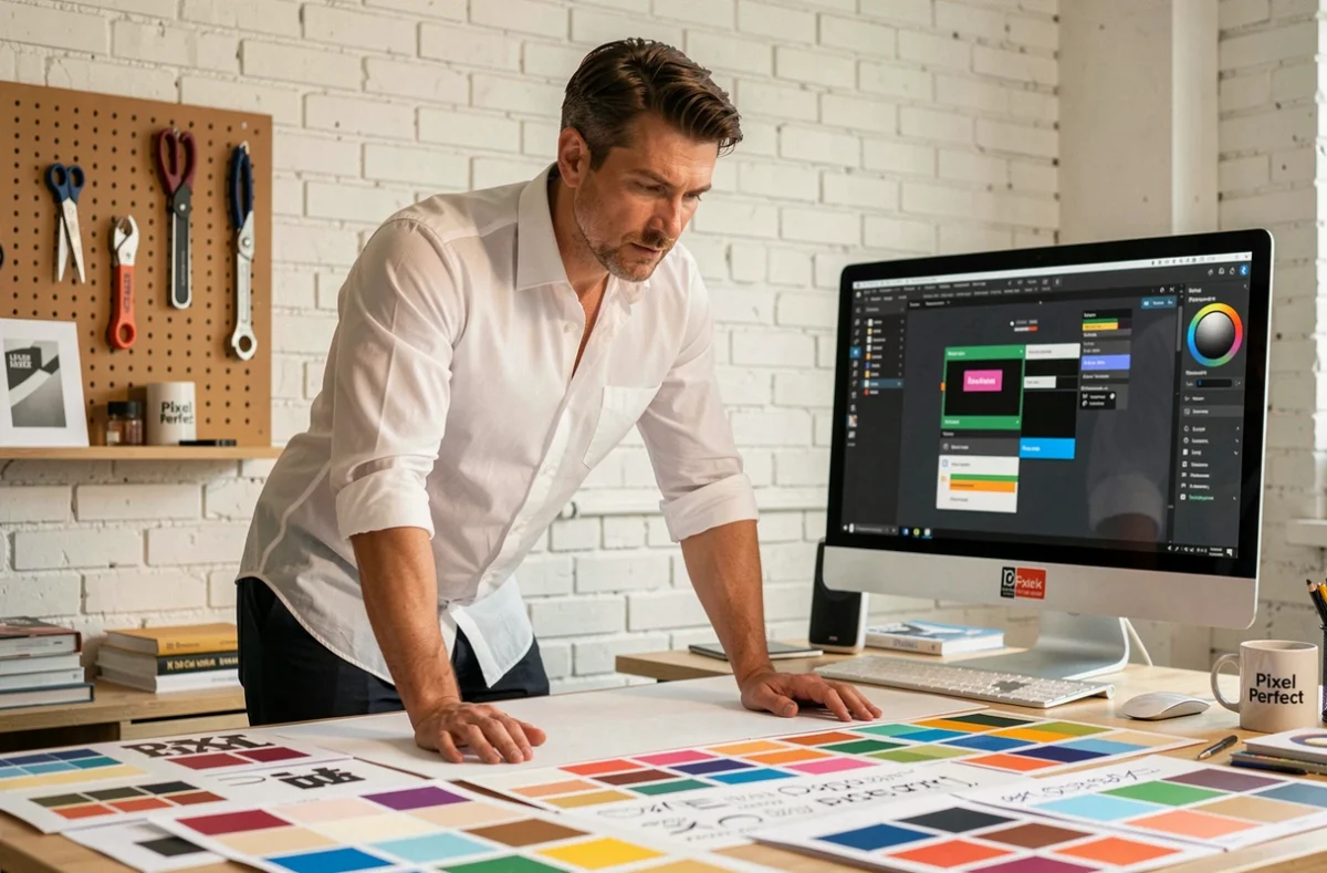 Designer de l'agence Pixel Perfect concentré sur la création d'une interface web précise dans un studio créatif aux murs en brique blanchie