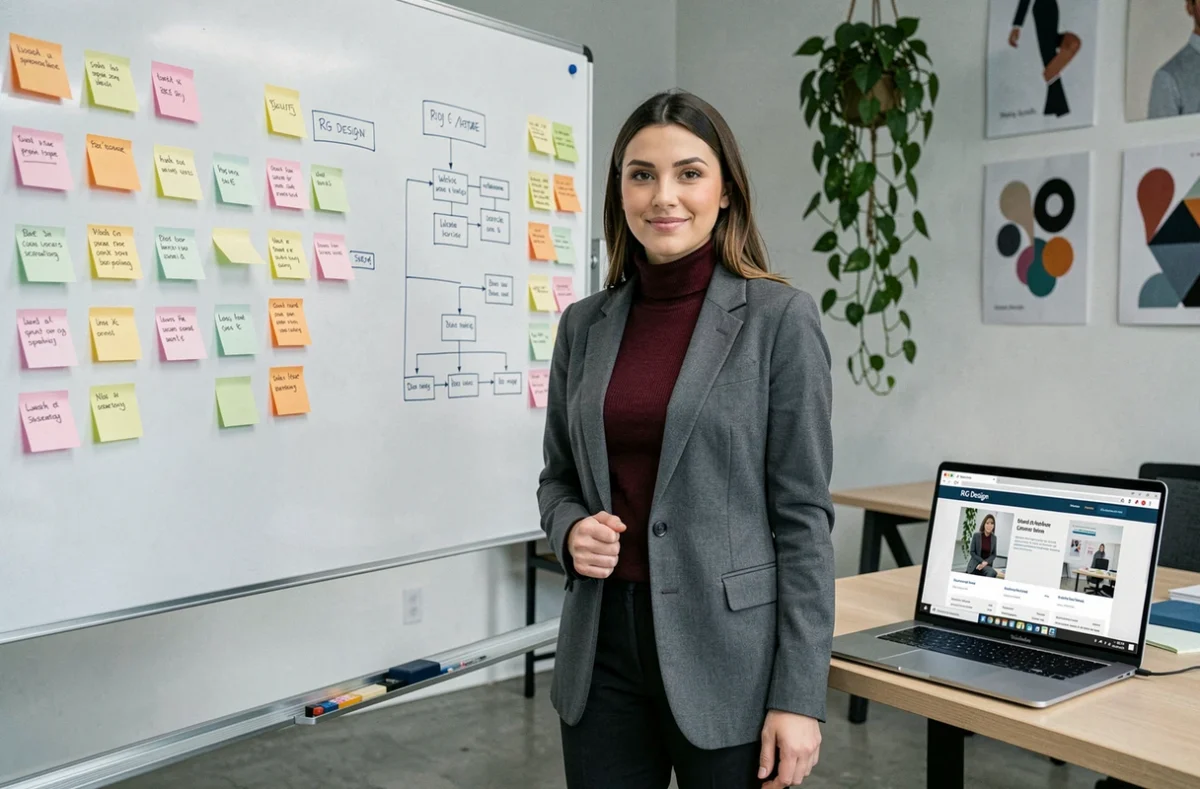 Directrice artistique de RG Design présentant l'architecture d'un site web sur un tableau blanc recouvert de notes et de schémas