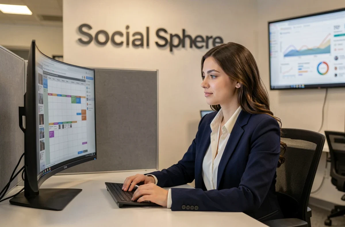 Professionnelle de l'agence Social Sphere analysant une stratégie de contenu digital sur un double écran dans un bureau moderne