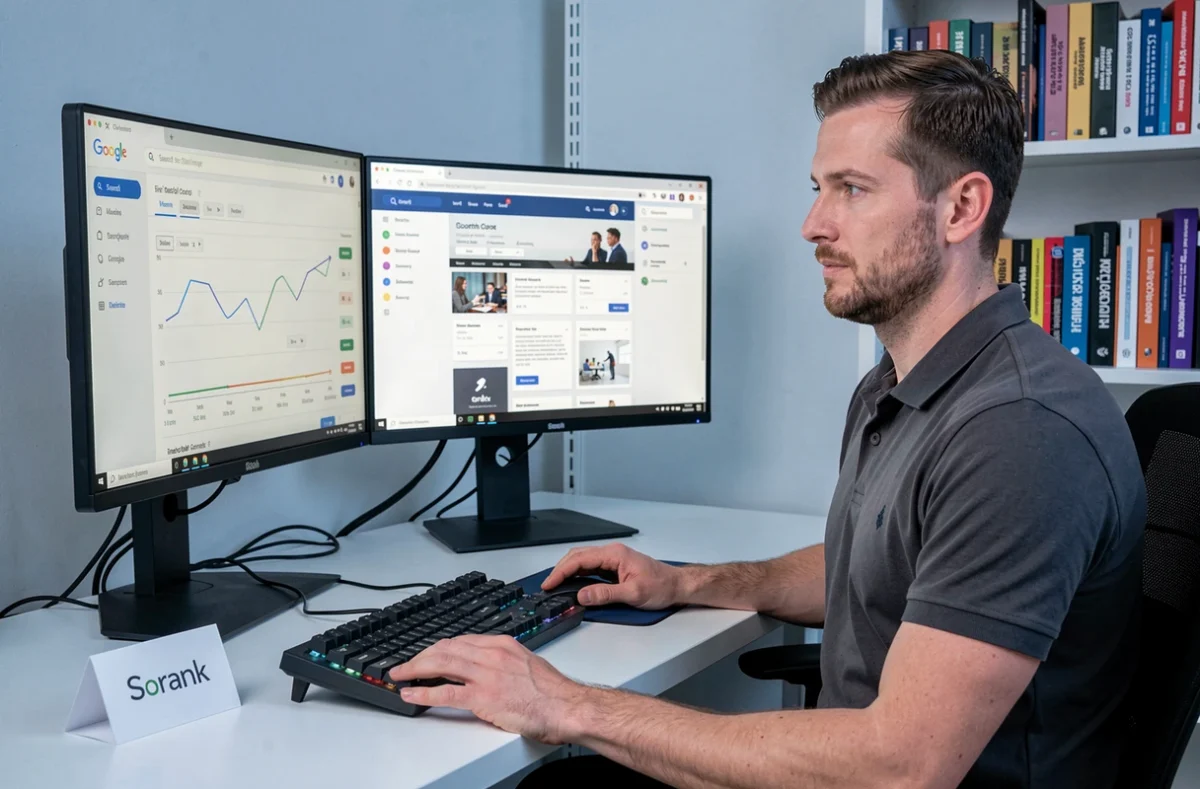 Expert SEO de l'agence Sorank optimisant le référencement d'un site web sur un double écran dans un bureau technologique épuré