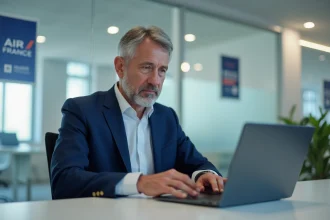 Agent aerien en costume navy interactant avec un ordinateur