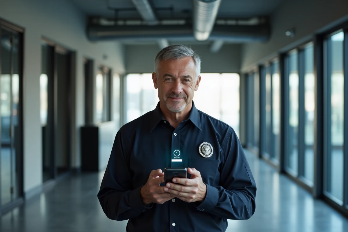 Agent de sécurité en uniforme confronté à un problème de connexion sur le portail Securitas depuis son smartphone dans un couloir