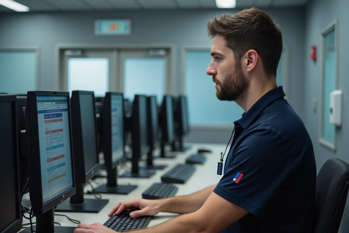 Agent Air France en polo sombre naviguant sur le portail employé Intralignes depuis un poste de travail en zone opérationnelle aéroport