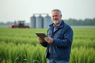 Agronome homme dans un champ de blé vert avec tablette