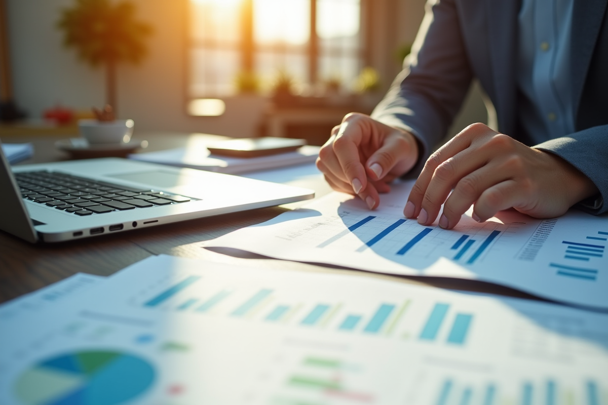 Gros plan sur mains analysant contrats et graphiques financiers