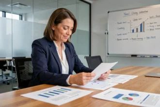 Professionnelle analysant le retour sur investissement d'un abonnement B2B avec des rapports de performance sur une table de réunion moderne