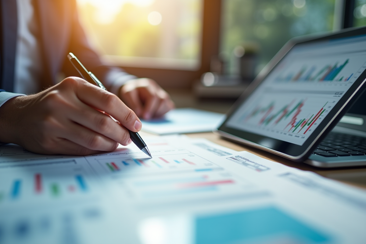 Analyste financier travaillant sur des graphiques boursiers en journée