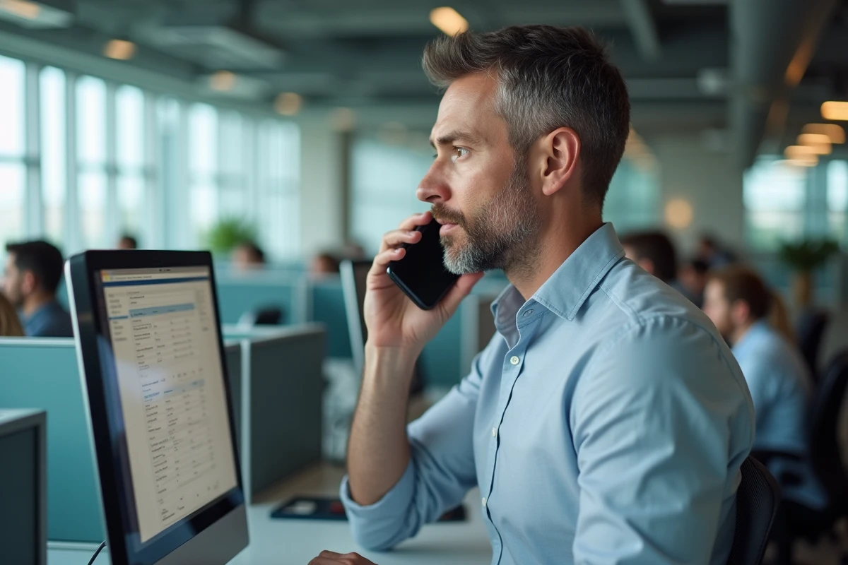 Un employé de bureau passe un appel téléphonique tout en consultant un portail professionnel sur son écran de bureau