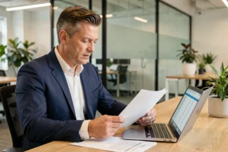 Homme d'affaires en costume bleu marine analysant des documents financiers sur un bureau moderne avec un ordinateur portable ouvert