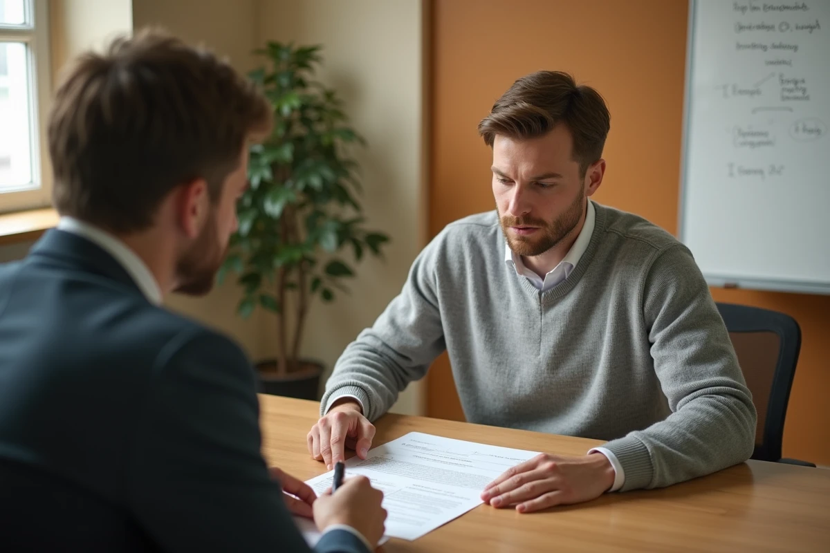 Apprenti et conseiller juridique étudiant ensemble les clauses d'un contrat d'apprentissage lors d'une réunion