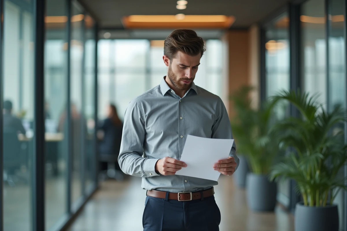 Jeune apprenti tenant une lettre de démission imprimée dans un couloir de bureau, expression hésitante et concentrée