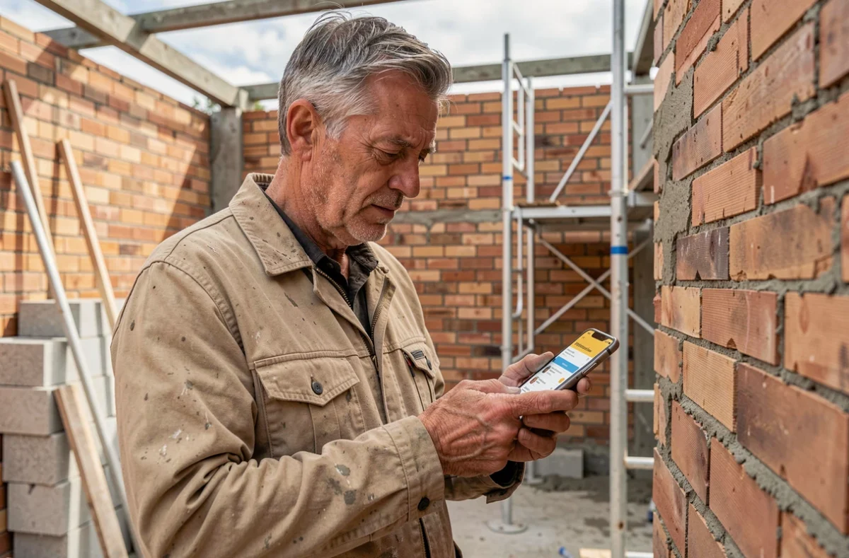 Artisan maçon consultant des offres de chantier BTP sur smartphone depuis un site de construction en cours