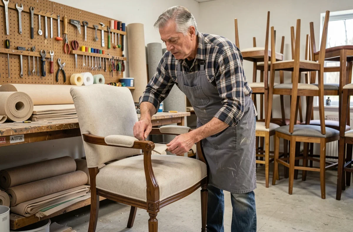 Artisan tapissier réalisant la pose d'un tissu sur un fauteuil dans un atelier de tapisserie professionnelle