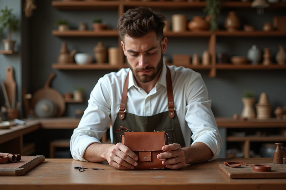 Jeune artisan travaillant sur un sac en cuir dans son atelier