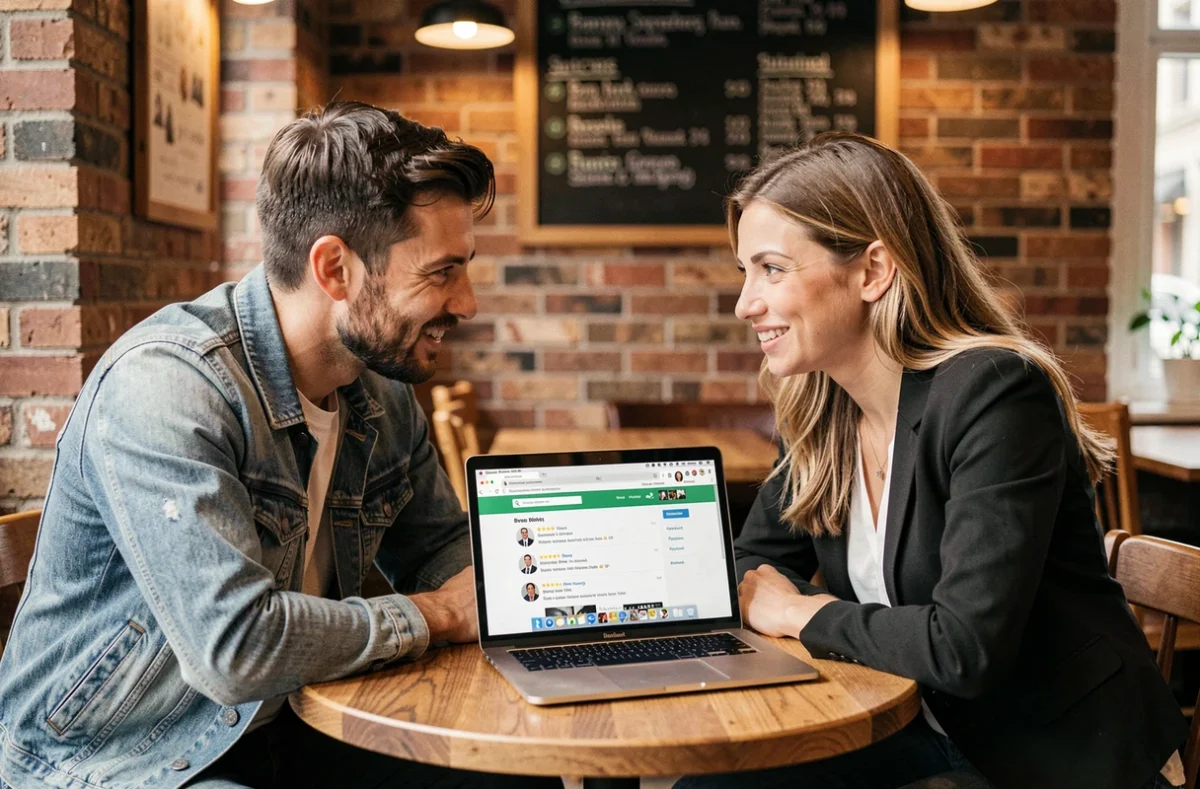Deux associés en café discutant de la crédibilité d'une plateforme pour lancer leur activité professionnelle