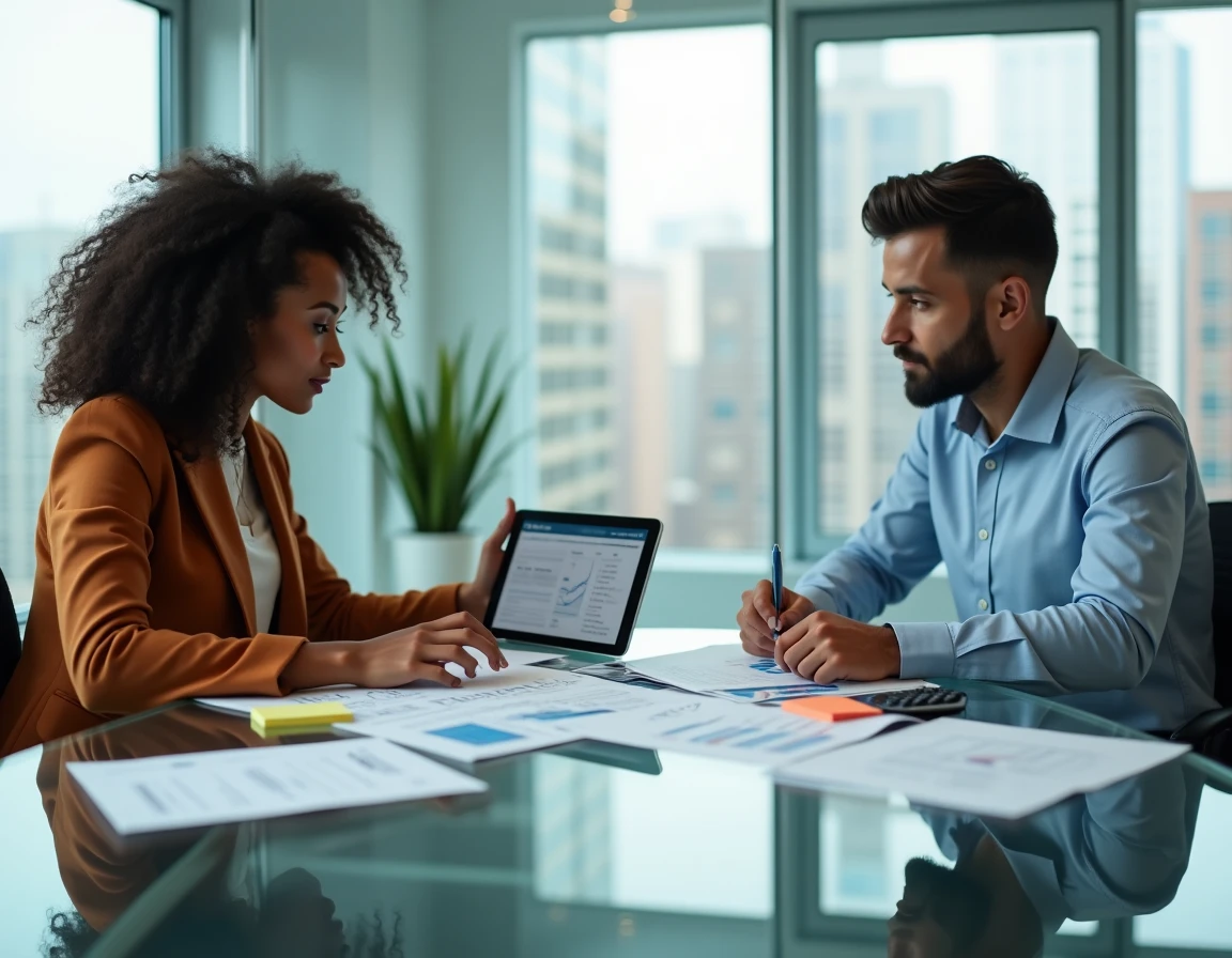 Deux associés étudiant un plan d'affaires avec les aides disponibles pour créer une entreprise en France