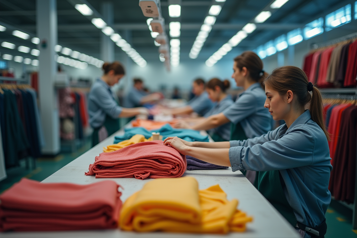 Intérieur d une usine textile avec ouvriers et tissus colorés