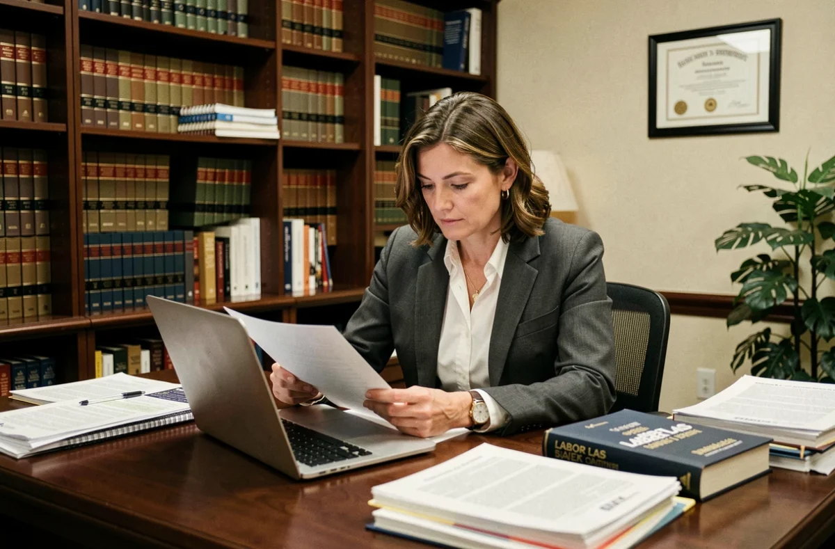 Avocate spécialisée en droit du travail consultant des documents juridiques sur la faute grave et les indemnités chômage