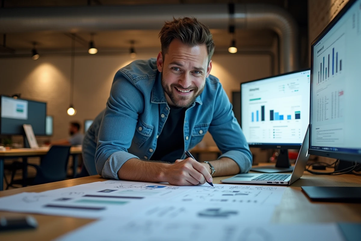 Un entrepreneur num&eacute;rique posant les bases solides de son entreprise digitale, travaillant sur des maquettes et un tableau de bord sur son ordinateur
