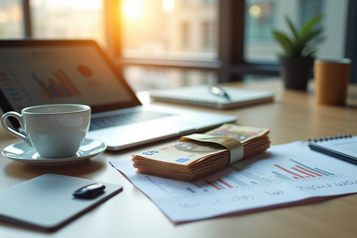 Billets euros et tableau de bord financier sur bureau moderne