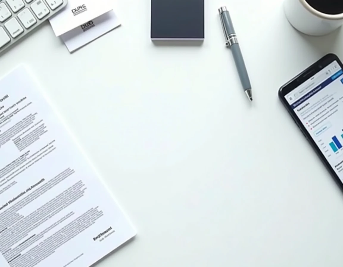 Vue aérienne d'un bureau professionnel avec certificat DUNS imprimé, smartphone affichant un tableau de bord marketplace B2B et cartes de visite