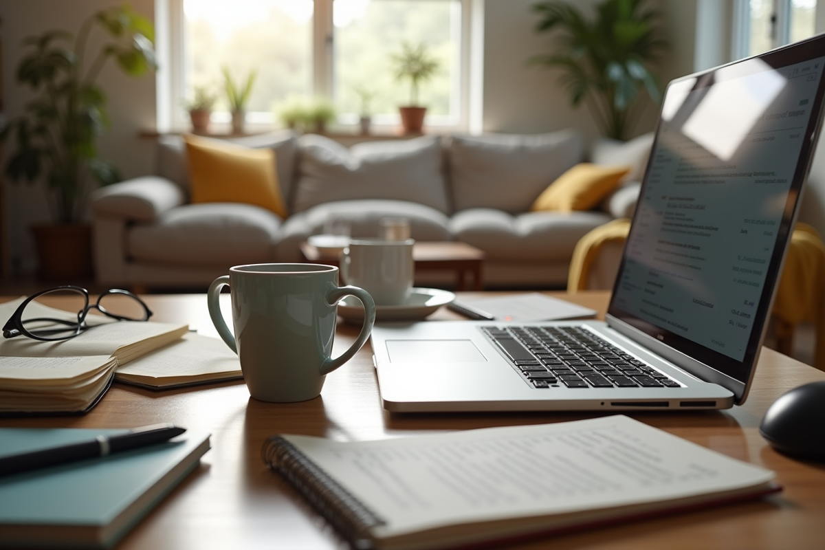 Espace de travail encombré dans un salon lumineux