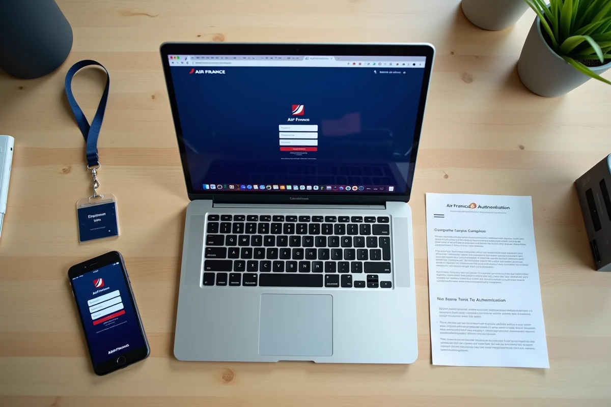 Bureau avec ordinateur portable ouvert sur la page de connexion de l'intranet Air France IPN, badge employé et guide d'accès