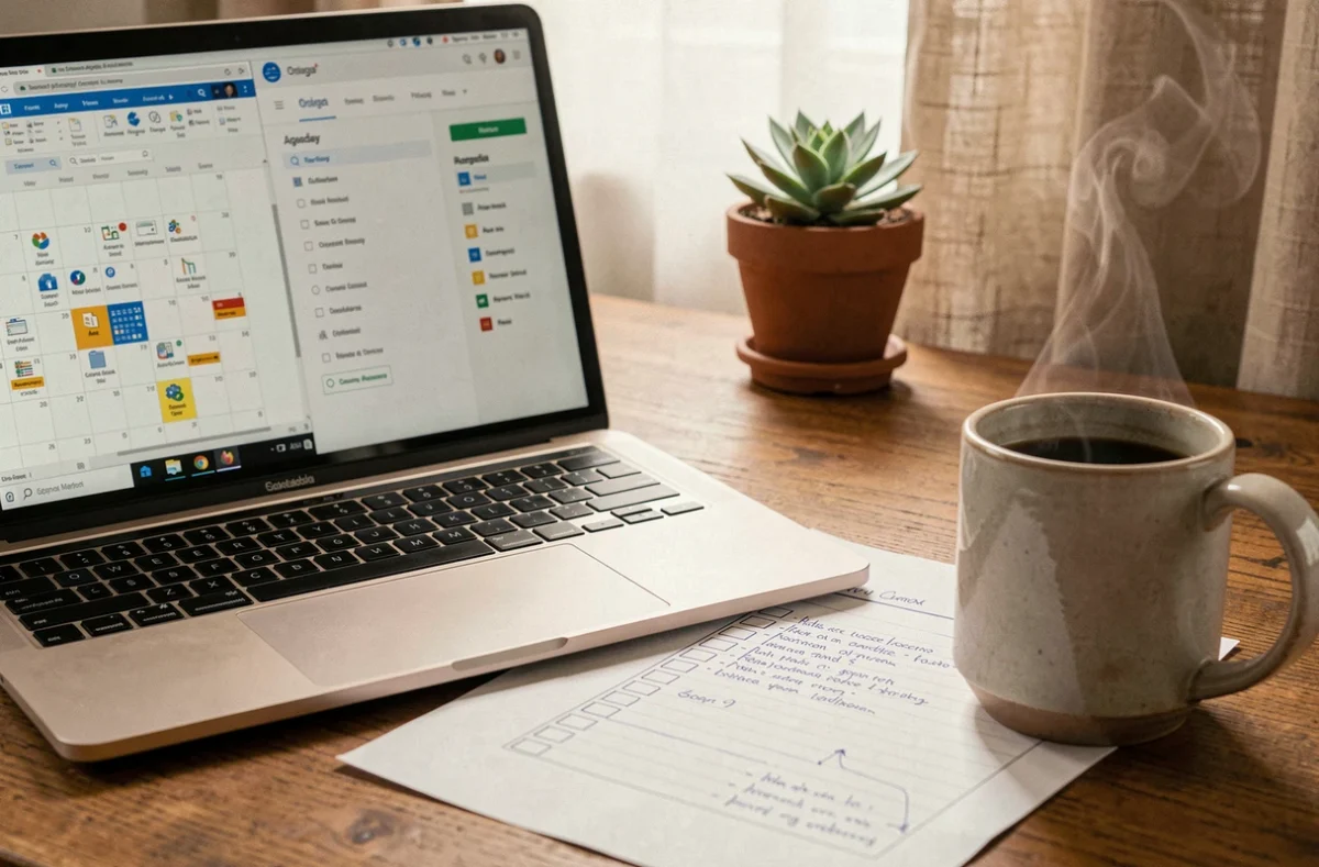 Bureau à domicile avec laptop affichant la migration de calendrier Outlook vers Agendis 22 et liste de contrôle manuscrite