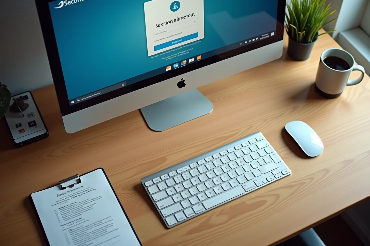 Vue aérienne d'un bureau avec écran affichant une erreur de connexion sur le portail Securitas et une checklist de dépannage informatique