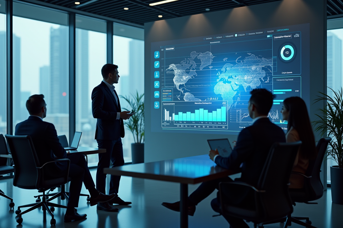 Équipe de professionnels dans un bureau moderne avec écran digital