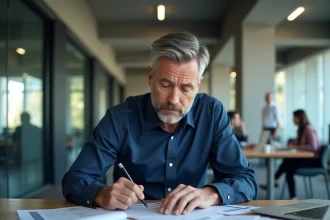 Homme d'affaires examinant des documents d'enregistrement commercial liés au numéro DUNS pour la vente sur marketplace B2B