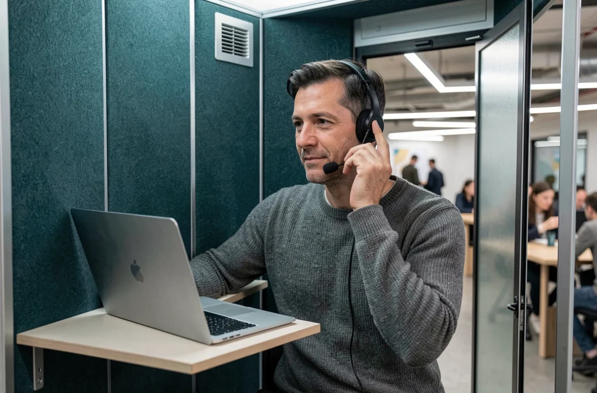 Homme en appel professionnel dans une cabine acoustique d'un espace de coworking à La Rochelle