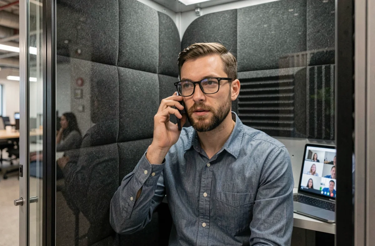 Homme en visioconférence dans une cabine acoustique d'un espace de coworking à Saint-Priest