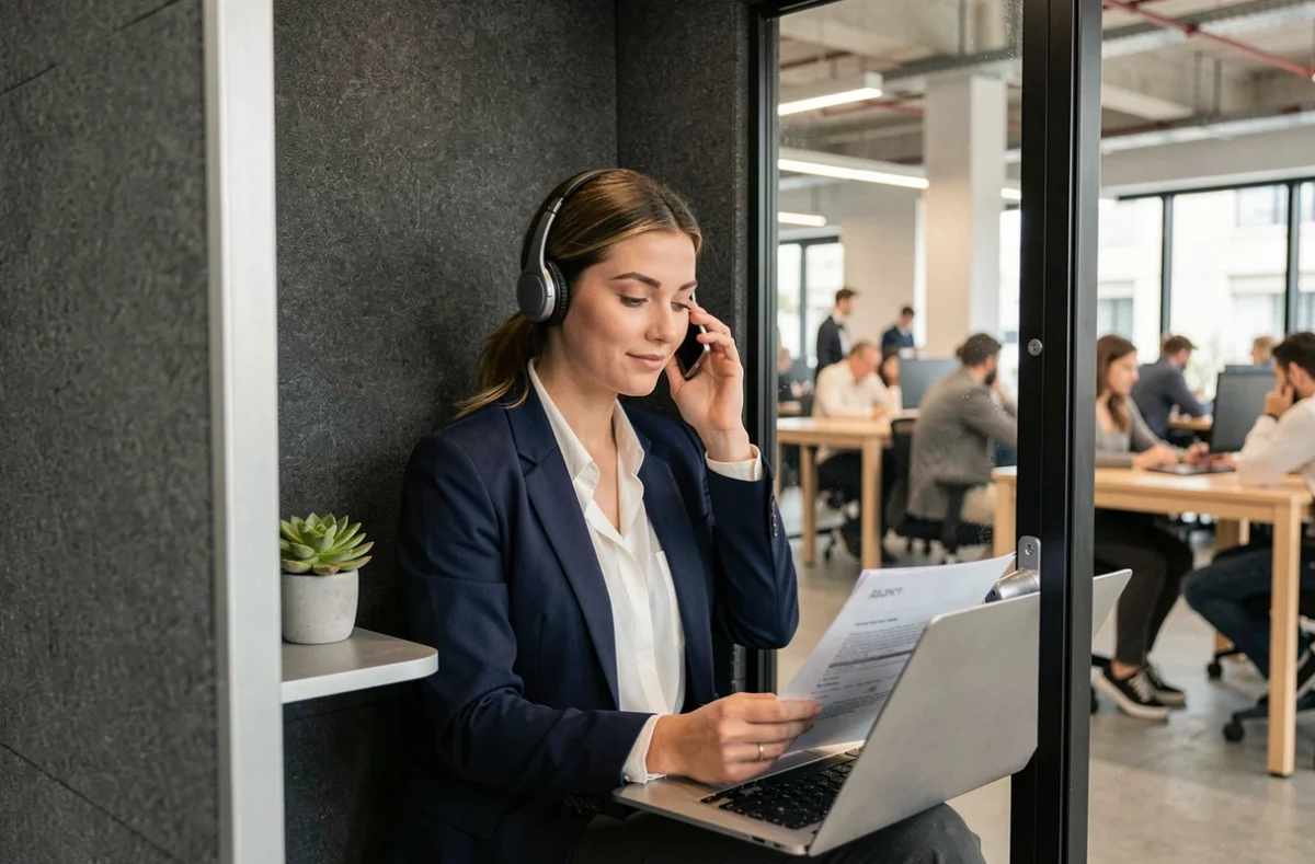 Femme professionnelle dans une cabine téléphonique insonorisée d'un espace de coworking à Courbevoie