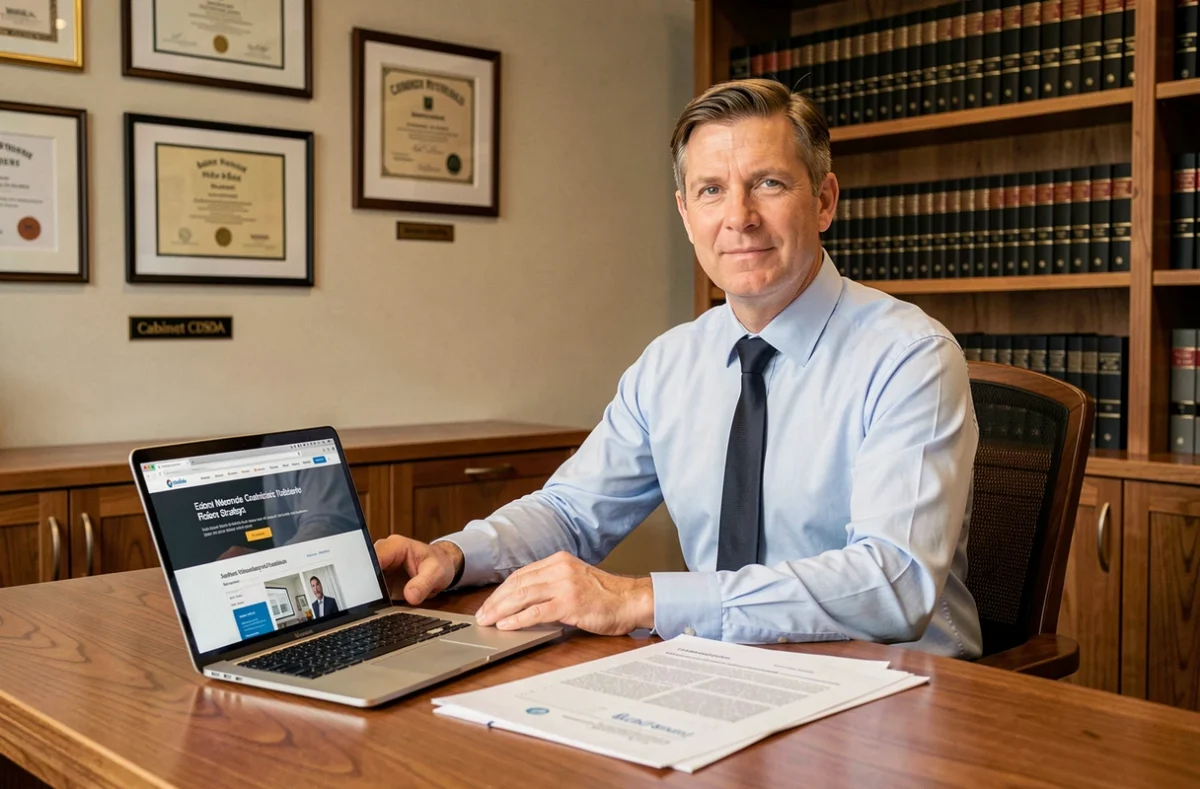Consultant du Cabinet CDSA examinant une stratégie digitale sur ordinateur portable dans un bureau professionnel aux allures institutionnelles