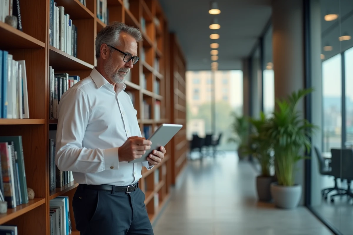 Cadre dirigeant consultant une plateforme de veille stratégique sur tablette dans un environnement professionnel moderne