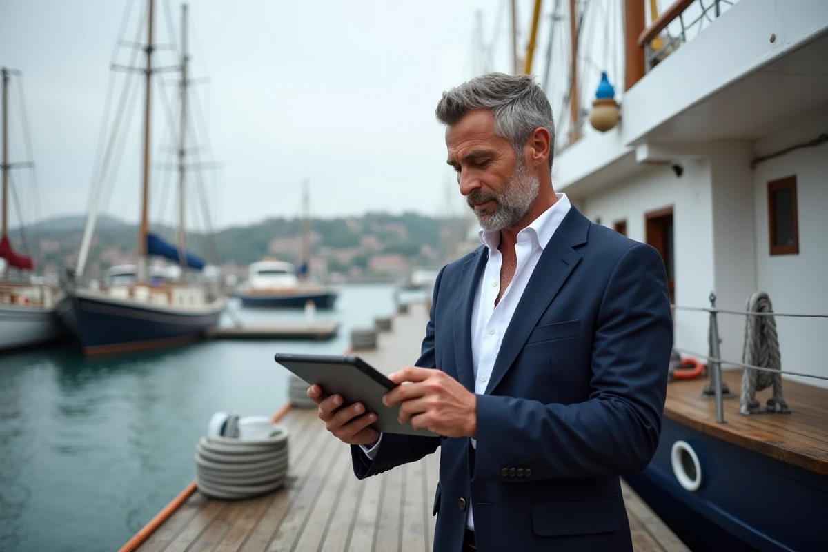 Cadre professionnel du secteur nautique consultant une tablette sur le pont d'un bateau commercial dans un port de plaisance