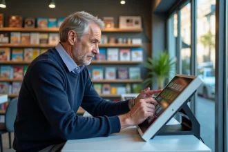 Homme magasinier regardant un terminal de loterie moderne dans une boutique