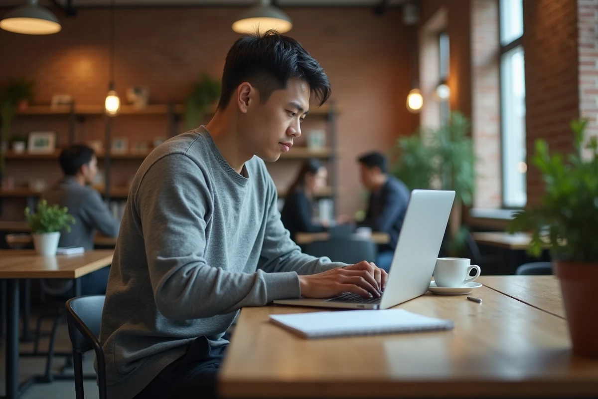 Candidat concentré réalisant un test de recrutement pratique sur ordinateur portable dans un espace de coworking moderne et détendu