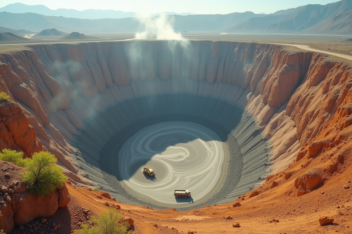 Vue aérienne d'une carrière à ciel ouvert avec couches de terre et camions miniers