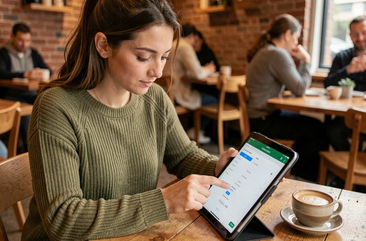 Jeune femme modifiant ses informations de profil et son adresse email sur une tablette dans un café